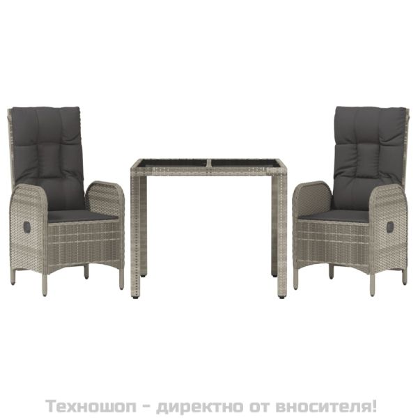 Градински трапезен комплект 3 части с възглавници сив полиратан