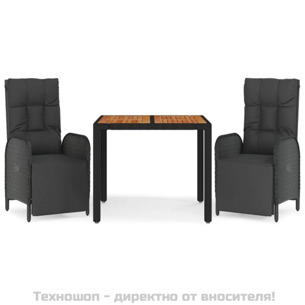 Градински комплект от 3 части с възглавници черни полиратан