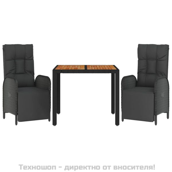 Градински комплект от 3 части с възглавници черни полиратан