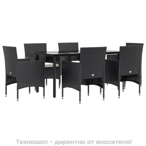Градински трапезен комплект с възглавници 7 части черен