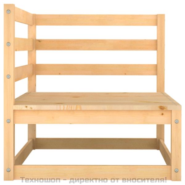 Градински ъглов диван със сиви възглавници, борово дърво масив