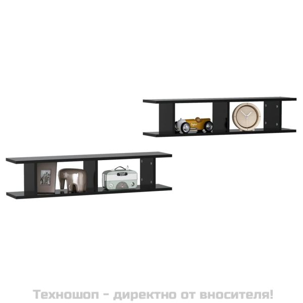 Стенни рафтове, 2 бр, черни, 90x18x20 см, инженерно дърво