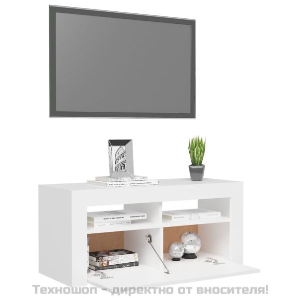 ТВ шкаф с LED осветление, бял, 90x35x40 см