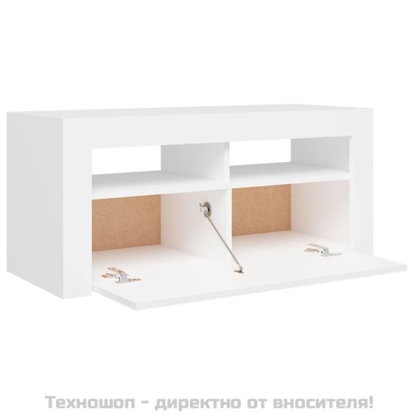 ТВ шкаф с LED осветление, бял, 90x35x40 см