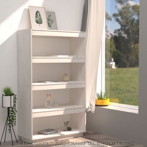 Библиотека/разделител за стая, бяла, 80x35x135 см, бор масив
