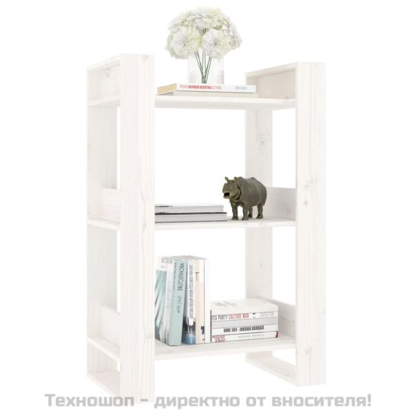 Библиотека/разделител за стая, бяла, 60x35x91 см, бор масив