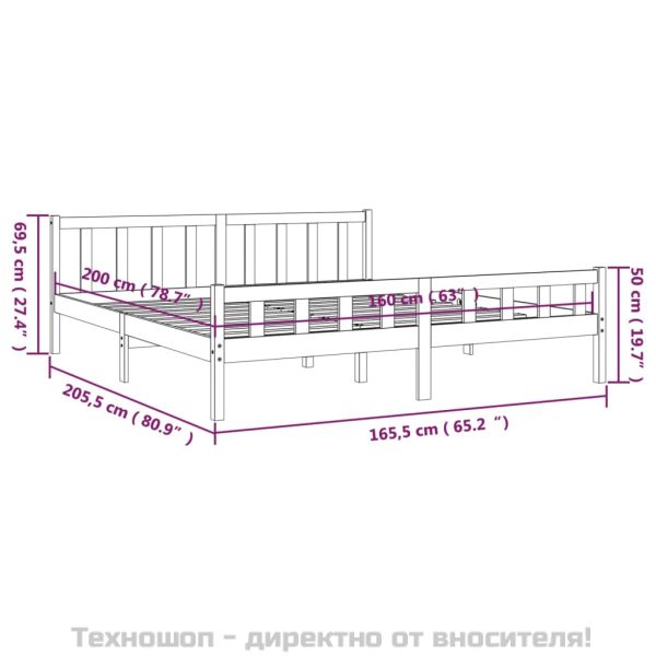 Рамка за легло, бяла, бор дърво масив, 160х200 см