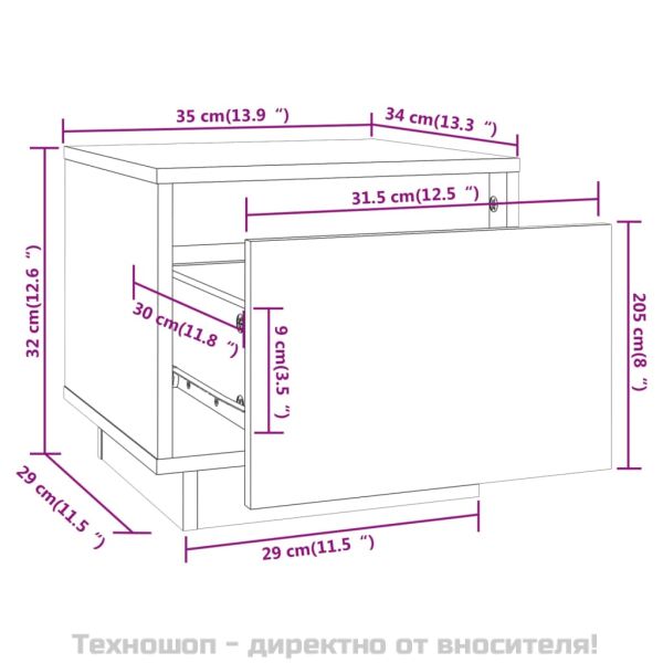 Нощно шкафче, бяло, 35x34x32 см, борово дърво масив