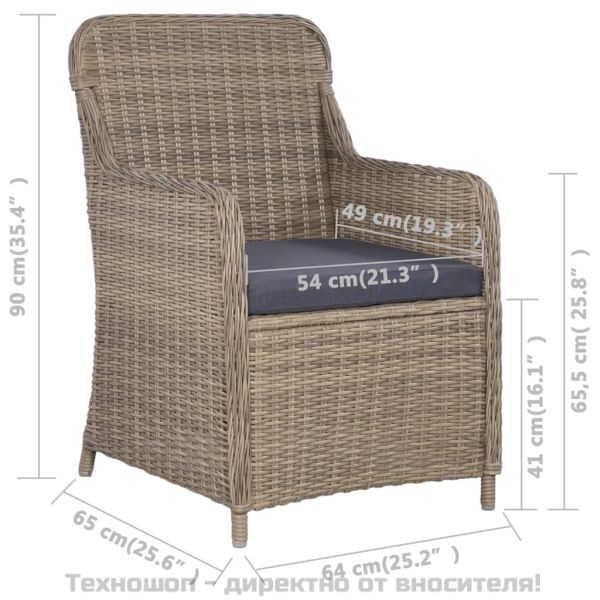 Външни столове с възглавници, 2 бр, полиратан, кафяви