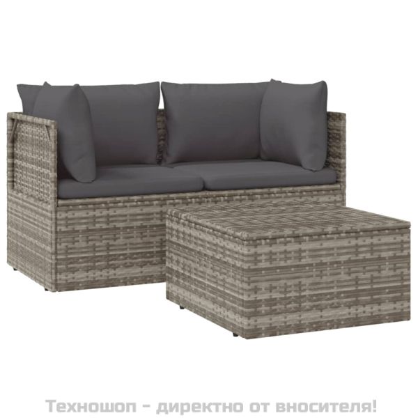 Градински лаундж комплект с възглавници 3 части сив полиратан