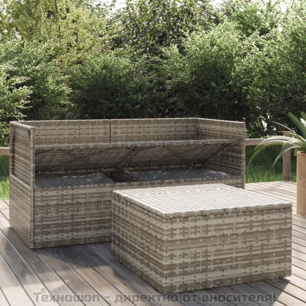 Градински лаундж комплект с възглавници 3 части сив полиратан