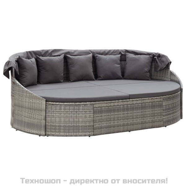 Градинско лаундж легло със сенник, полиратан, сиво