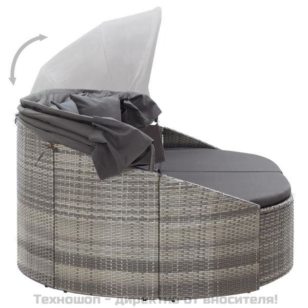 Градинско лаундж легло със сенник, полиратан, сиво