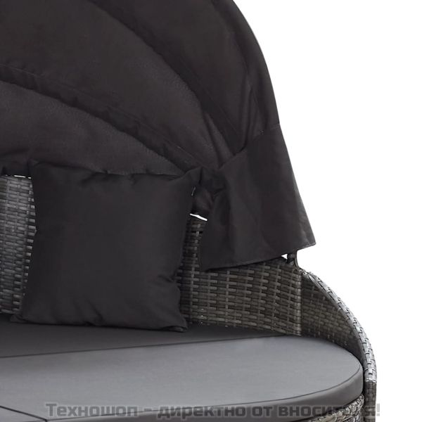 Градинско лаундж легло със сенник, полиратан, сиво