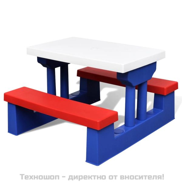 Детска пикник маса с пейки и чадър, многоцветна