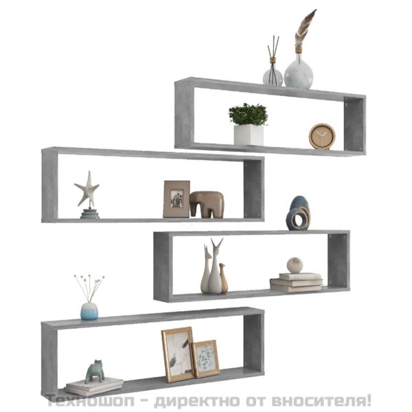 Стенни рафтове 4 бр бетонно сив 100x15x30 см инженерно дърво