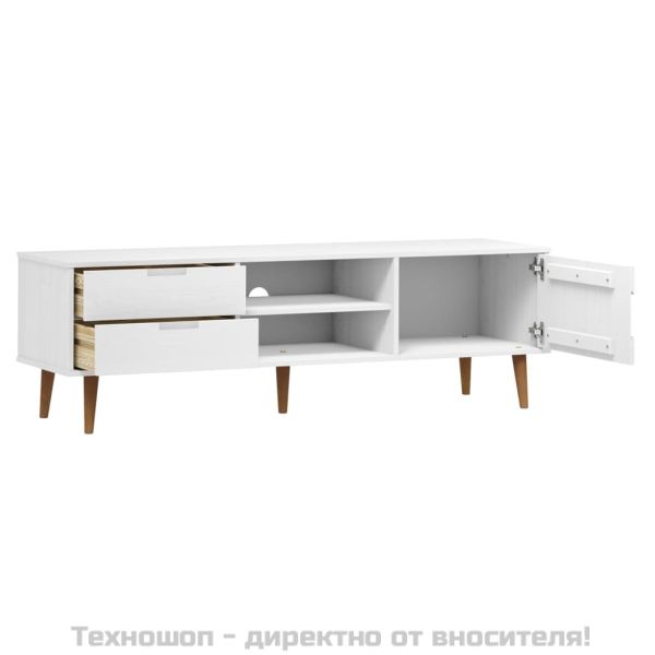 ТВ шкаф MOLDE, бял, 158x40x49 см, борово дърво масив