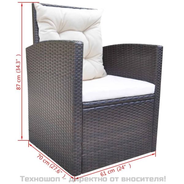 Градински комплект с възглавници, 6 части, кафяв полиратан