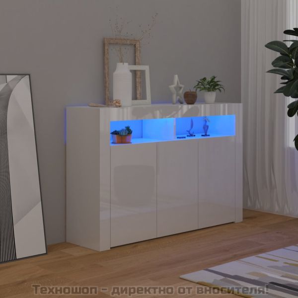Сайдборд с LED светлини, бял гланц, 115,5x30x75 см