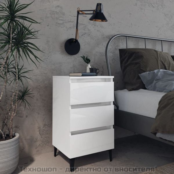 Нощно шкафче с метални крака, бял гланц, 40x35x69 см