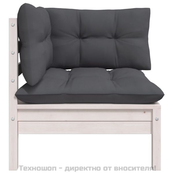 Градински лаундж комплект 3 части с възглавници бял бор масив