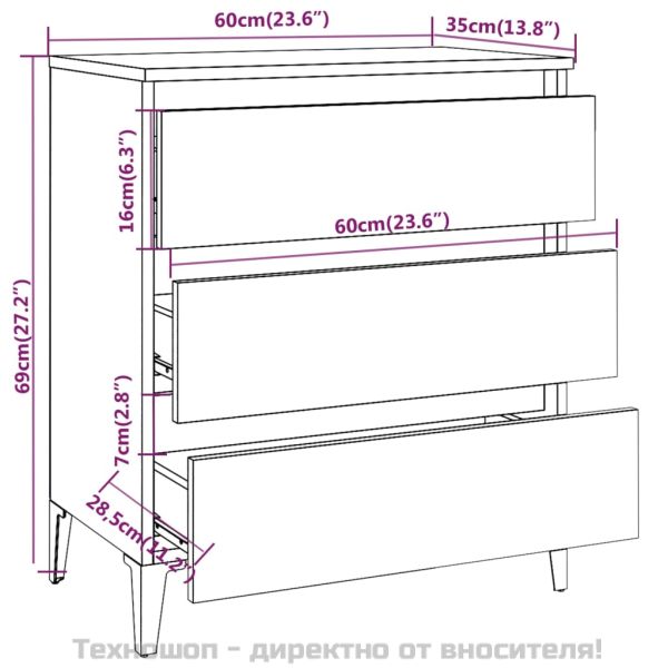 Сайдборд, опушен дъб, 60x35x69 см, инженерно дърво