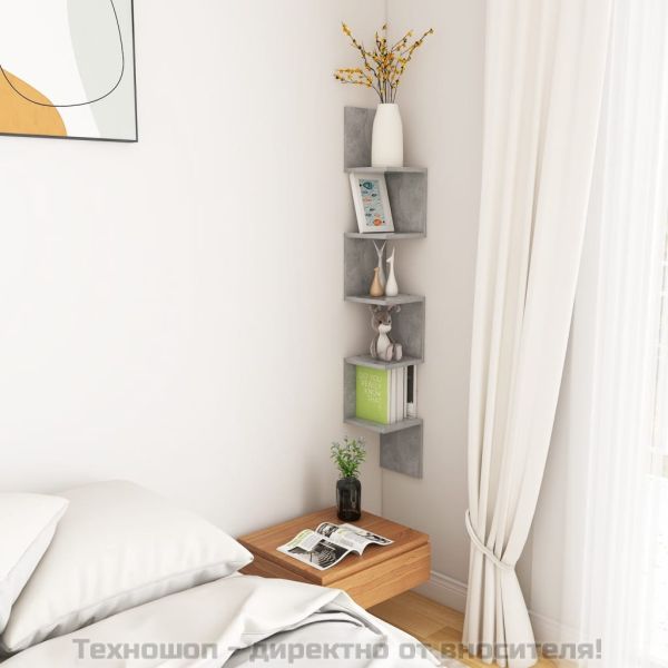 Стенен ъглов рафт, бетонно сив, 20x20x127,5 см, инженерно дърво