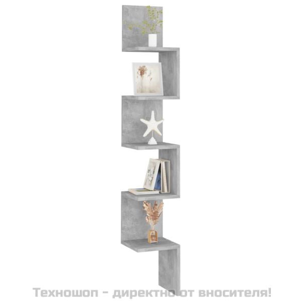 Стенен ъглов рафт, бетонно сив, 20x20x127,5 см, инженерно дърво