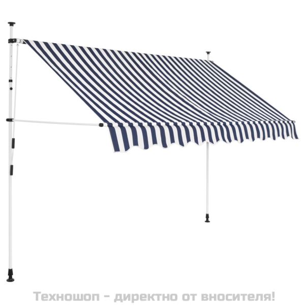 Ръчно прибиращ се сенник, 250 см, синьо и бяло