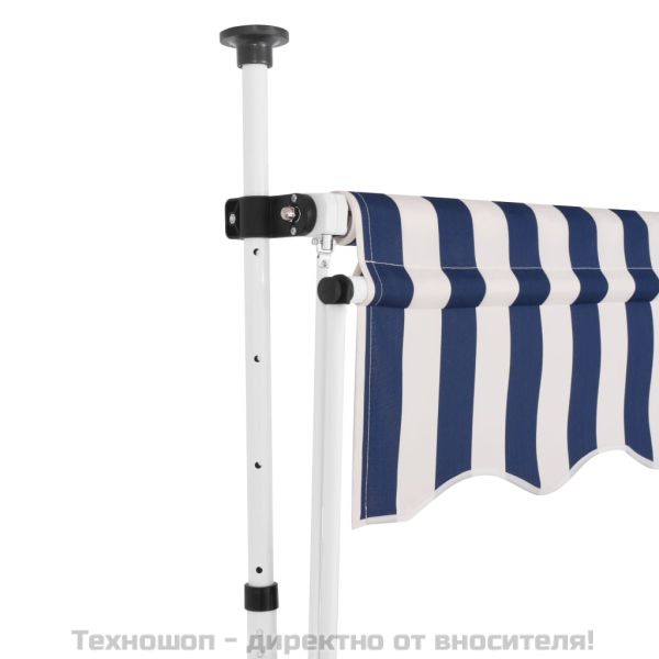 Ръчно прибиращ се сенник, 250 см, синьо и бяло