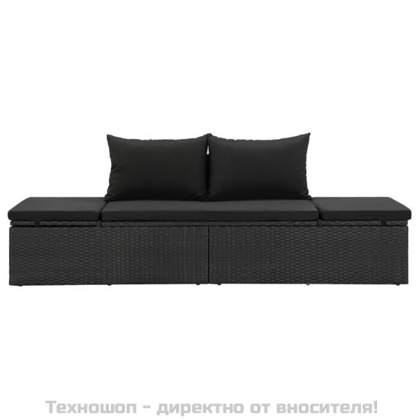 Градинско легло с възглавници, полиратан, черно