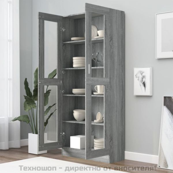 Шкаф витрина, сив сонома, 82,5x30,5x185 см, инженерно дърво