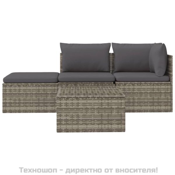 Градински лаундж комплект с възглавници 4 части сив полиратан