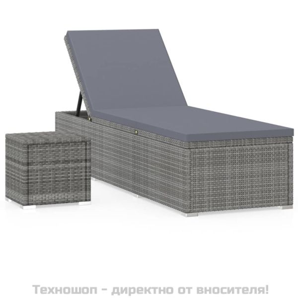 Шезлонг с шалте и маса за чай, полиратан, сив