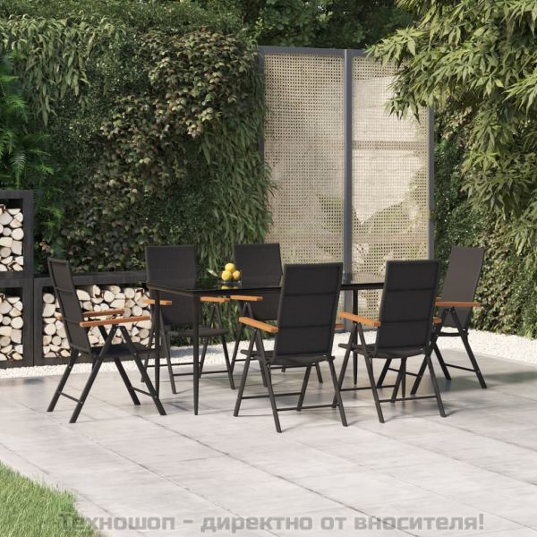 Градински трапезен комплект от 7 части черно и кафяво полиратан