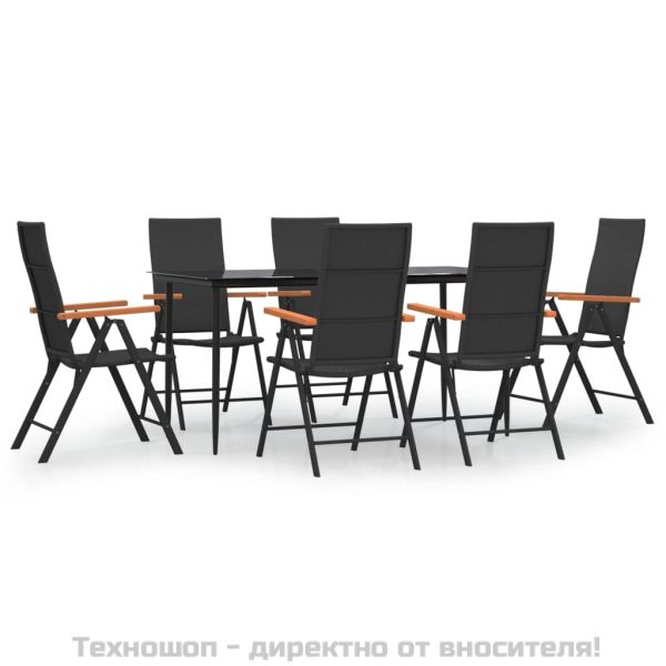 Градински трапезен комплект от 7 части черно и кафяво полиратан