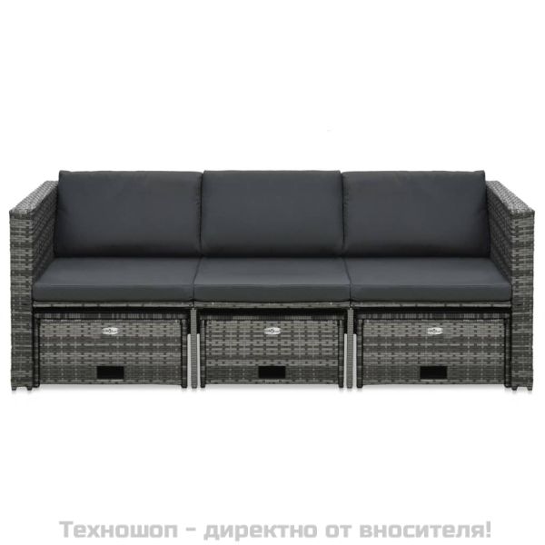 Градински комплект с възглавници, 4 части, полиратан, сив