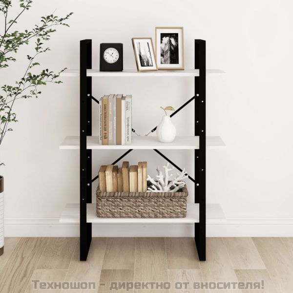 3-етажна библиотека, бяла, 80x30x105 см, борово дърво масив