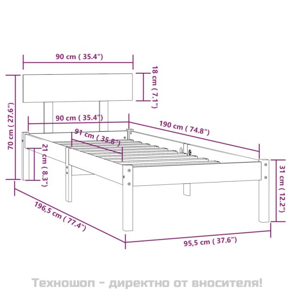 Рамка за легло, бяла, бор масив, 90x190 см, Single