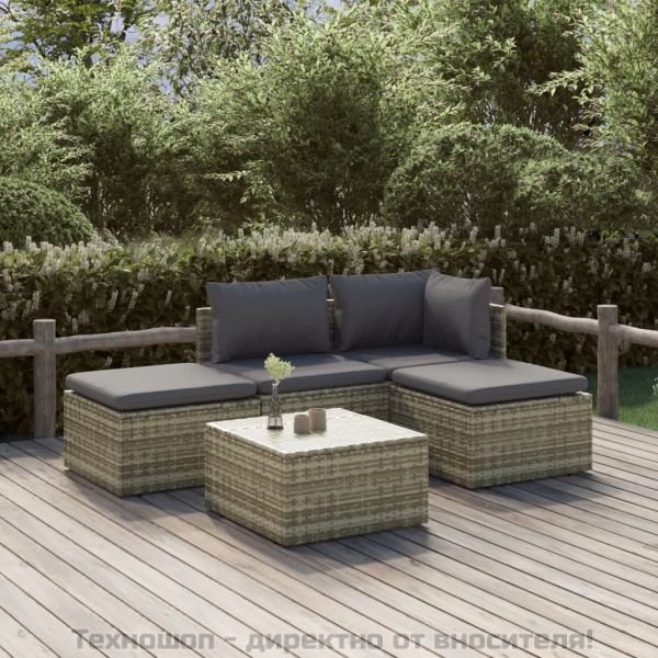 Градински лаундж комплект с възглавници 5 части сив полиратан