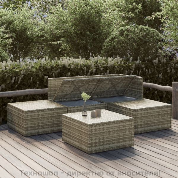 Градински лаундж комплект с възглавници 5 части сив полиратан