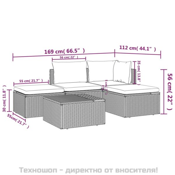 Градински лаундж комплект с възглавници 5 части сив полиратан