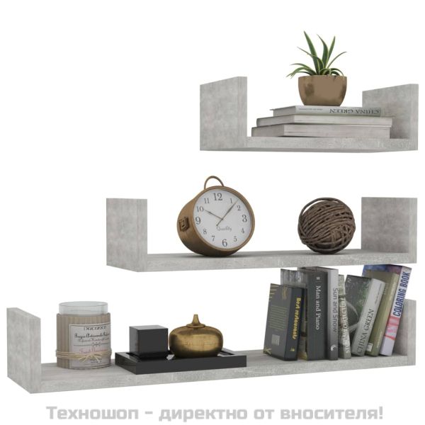 Стенни рафтове, 3 бр, бетонно сиво, инженерно дърво