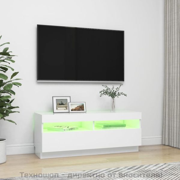 ТВ шкаф с LED осветление, бял, 100x35x40 см