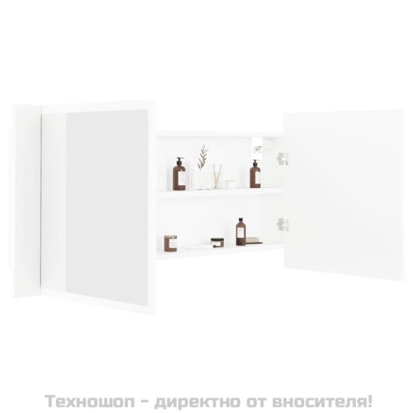 Шкаф с LED огледало за баня, бял, 100x12x45 см, акрил