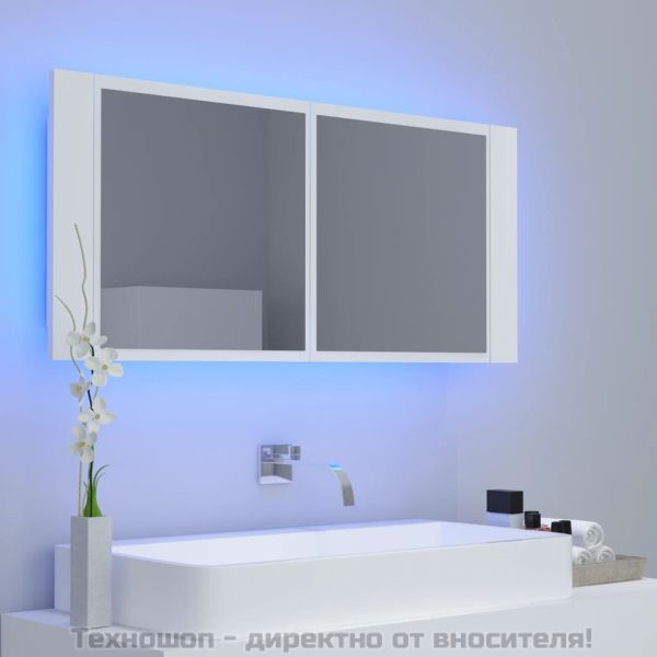 Шкаф с LED огледало за баня, бял, 100x12x45 см, акрил