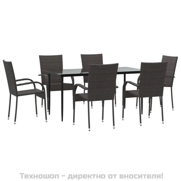 Градински трапезен комплект от 7 части, кафяв, полиратан