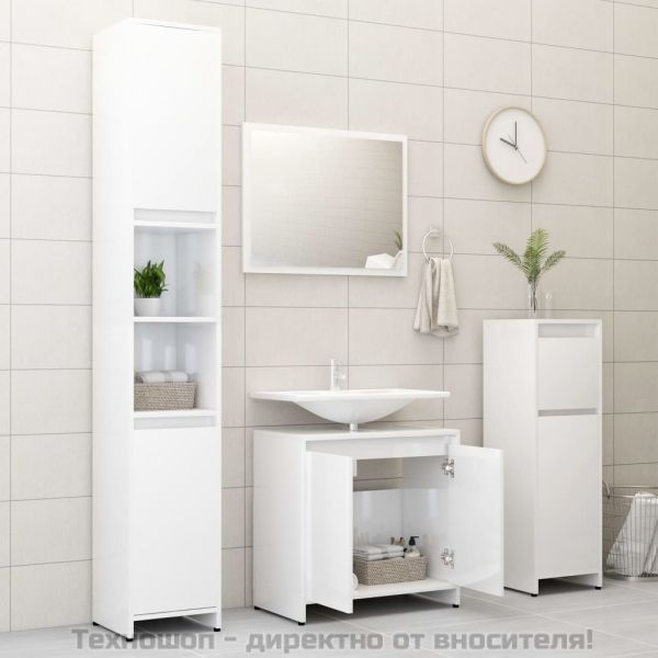 Комплект мебели за баня, бял гланц, инженерно дърво