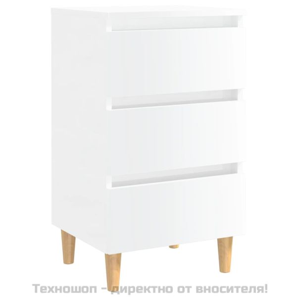 Нощно шкафче с крака от дърво масив, бял гланц, 40x35x69 см