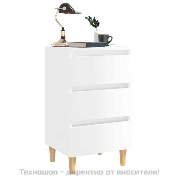 Нощно шкафче с крака от дърво масив, бял гланц, 40x35x69 см